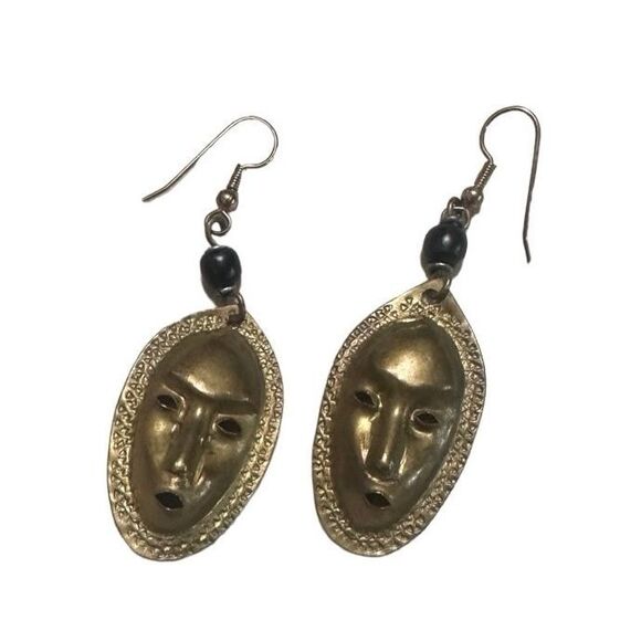 African Mask Brass Earrings Dangle Vintage Unique Tribal - Picture 2 of 4